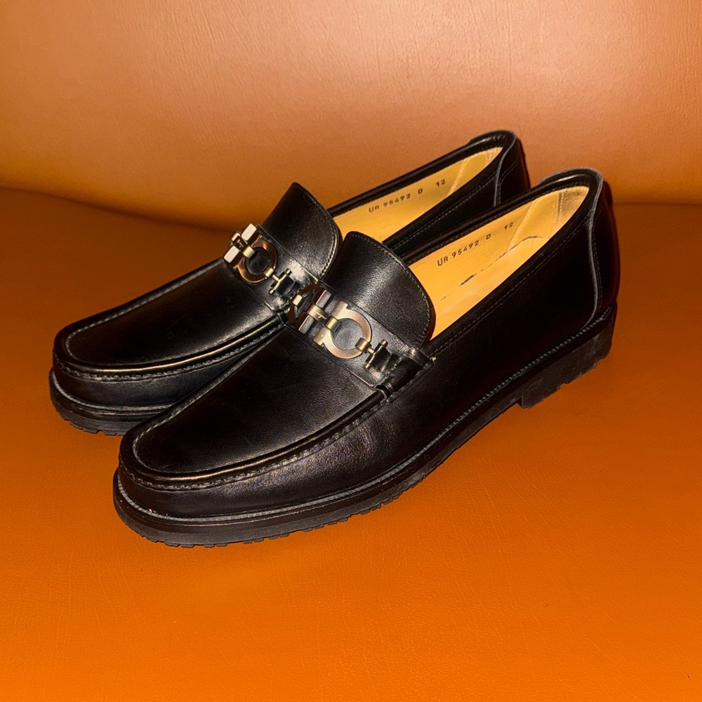 Salvatore Ferragamo Black Leather Slip-On Loafers